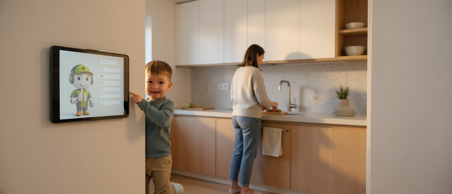 A child happily checking off morning routine tasks on a wall-mounted tablet while mom prepares breakfast in the background